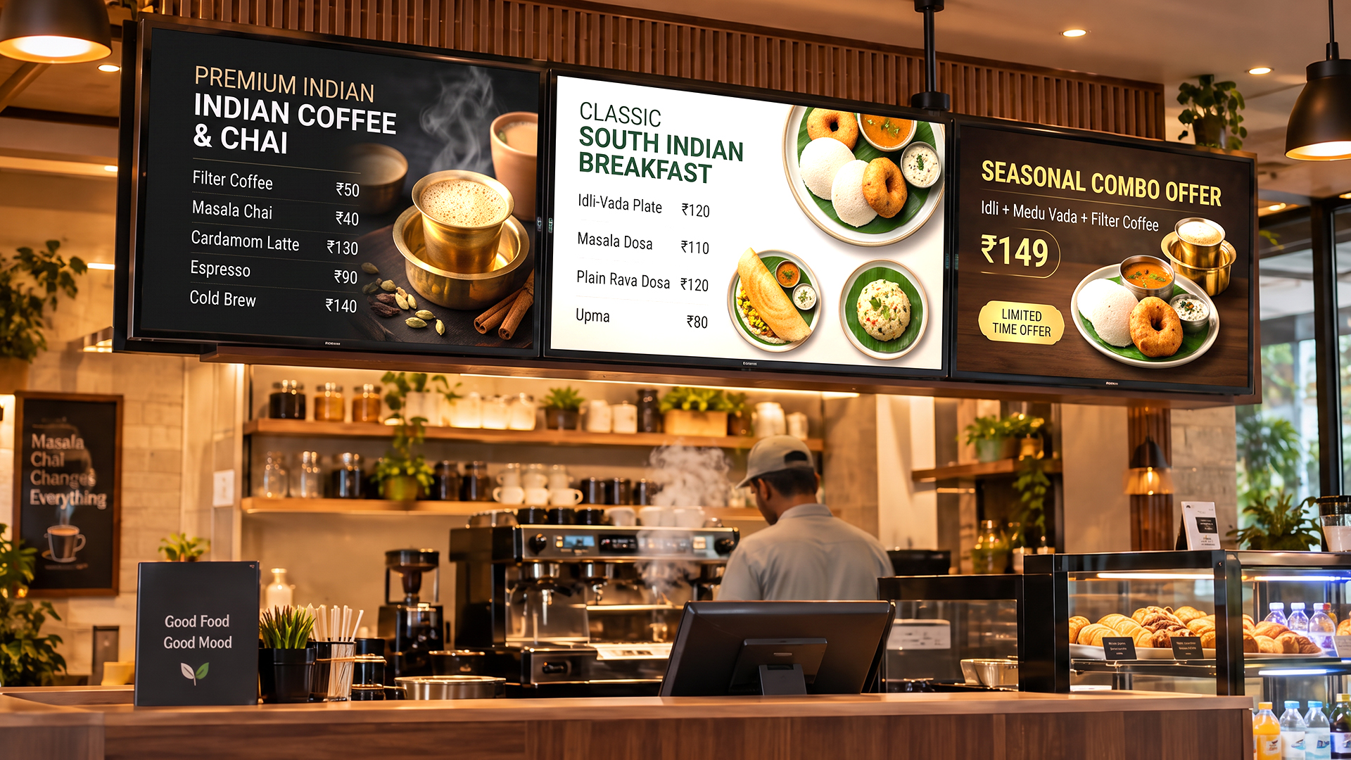 cafe counter with three synchronized digital menu boards   Disploy Digital Signage