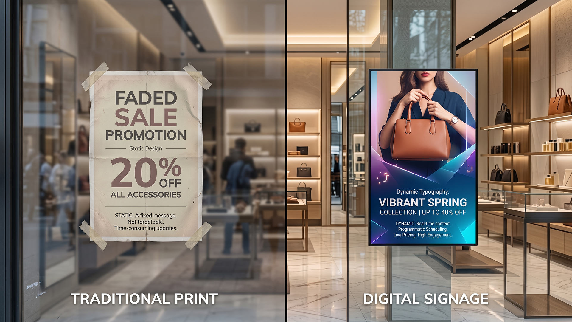 Static vs Digital Signage retail storefront Disploy
