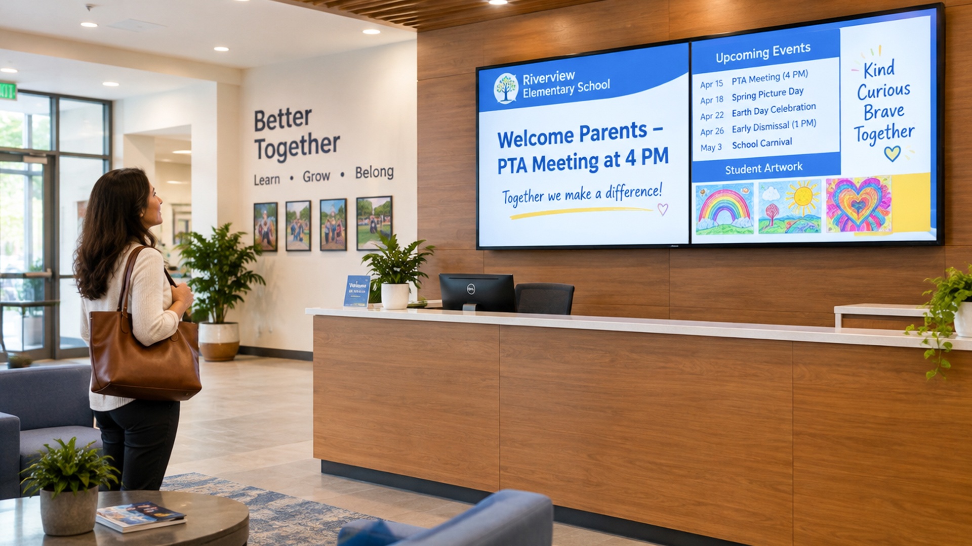 A parent standing near the seating area looks up comfortably at the screen