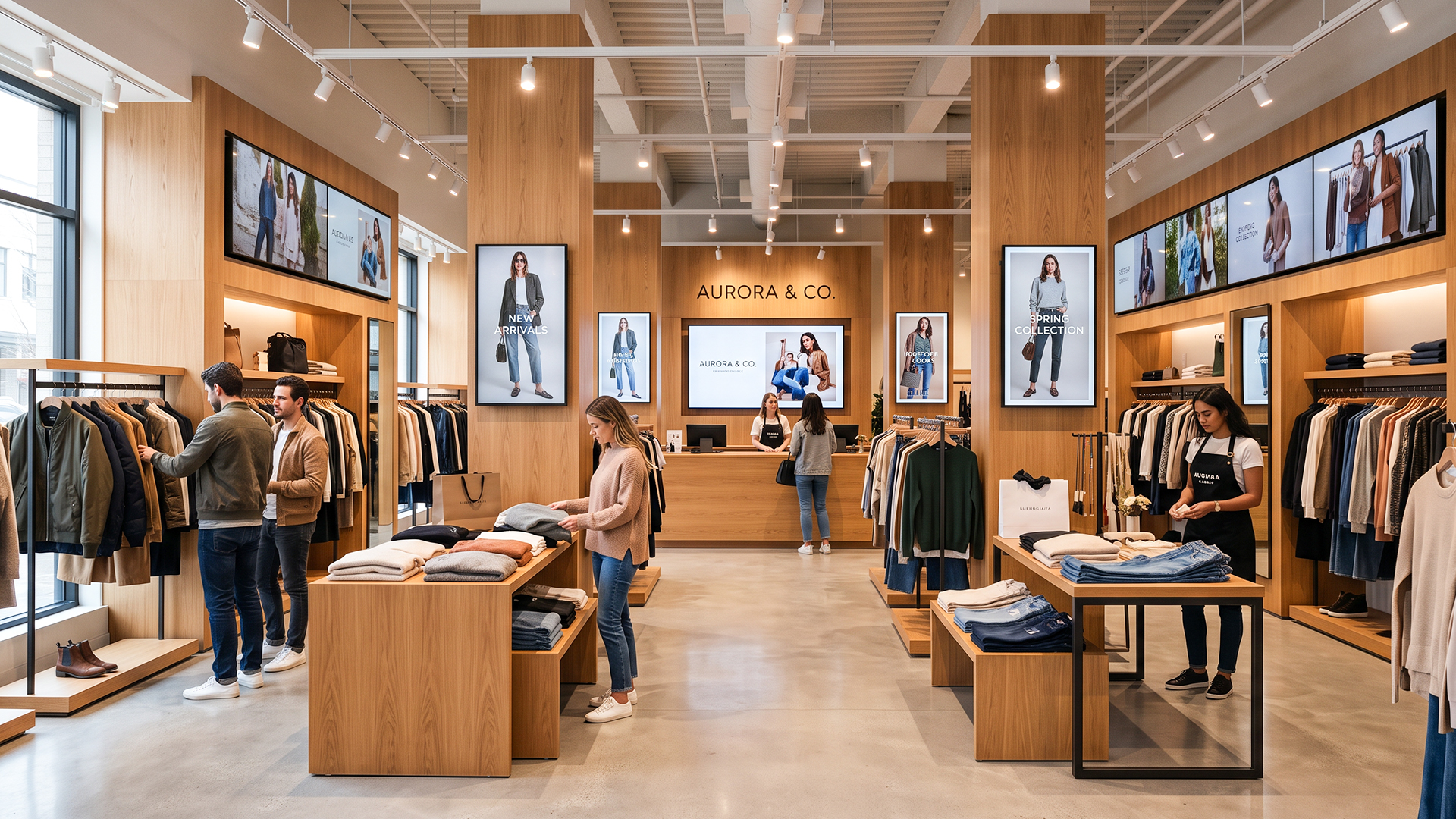 digital signage screens mounted above clothing racks