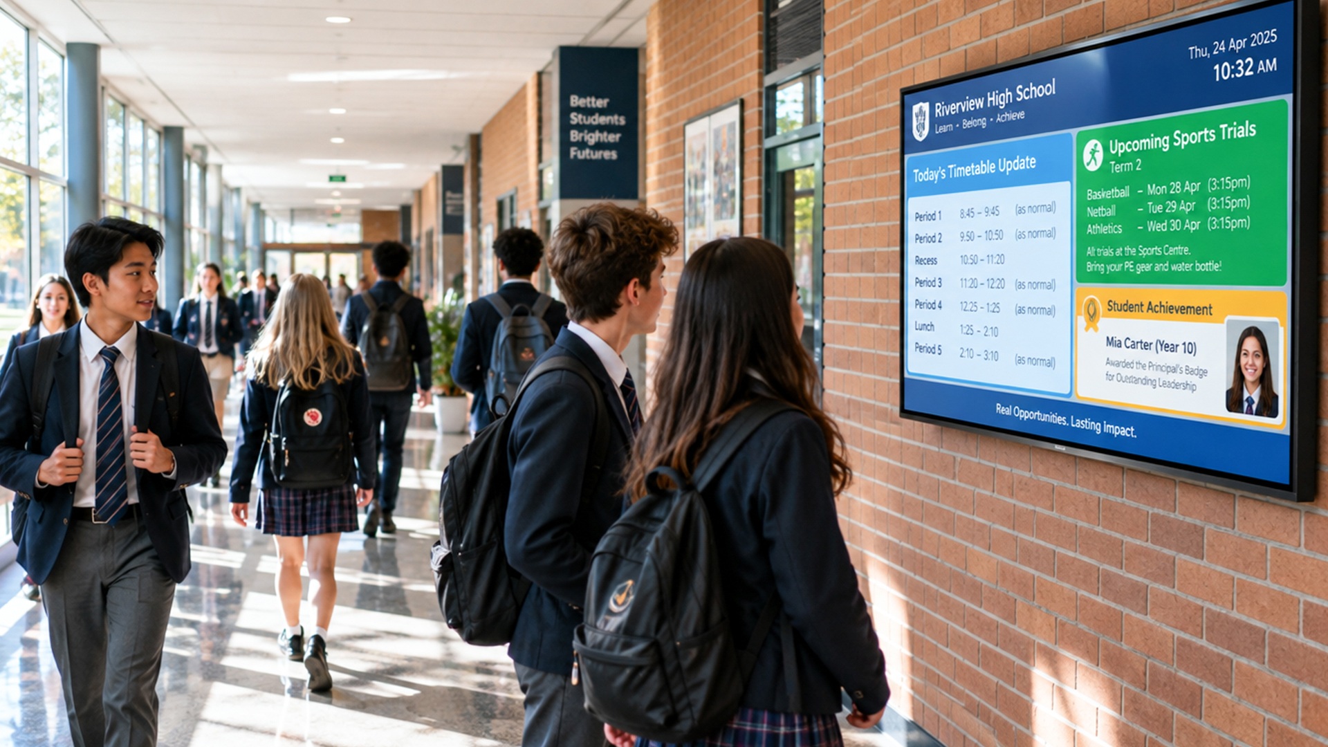 vibrant school event schedule and student achievement notice with clean typography