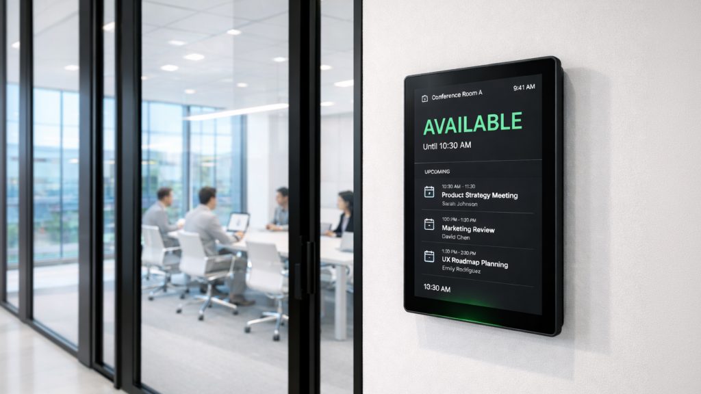 tablet sized screen outside a meeting room