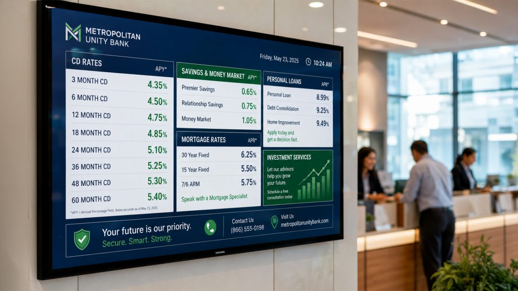 2 A close up of a bank digital rate board screen displaying